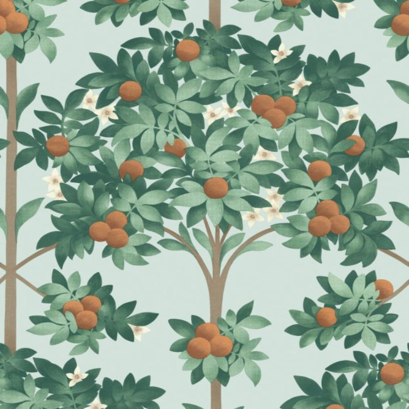 Orange Blossom Wallpaper - Burnt Orange & Mint on Seafoam - 117/1004