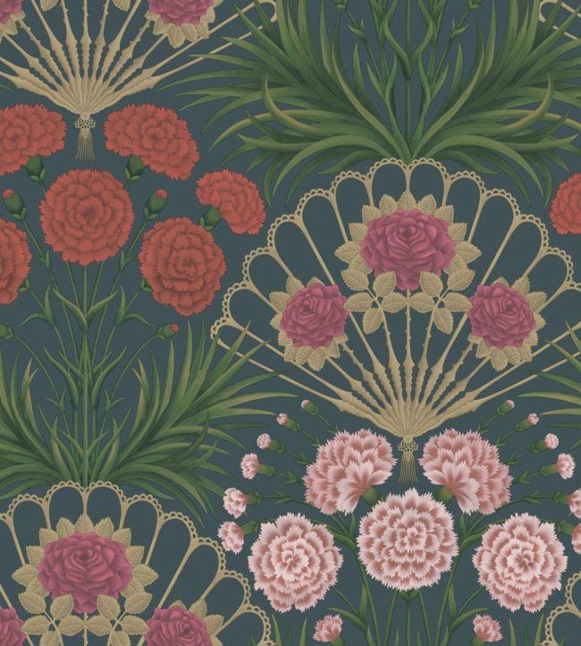 Flamenco Fan Wallpaper - Magenta, Red & Metallic Gilver on Ink - 117/14044
