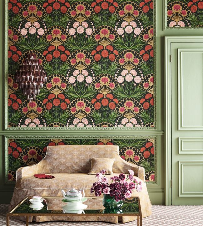 Flamenco Fan Wallpaper - Magenta, Red & Metallic Gilver on Ink - 117/14044