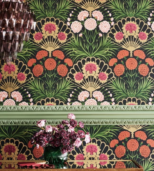 Flamenco Fan Wallpaper - Magenta, Red & Metallic Gilver on Ink - 117/14044