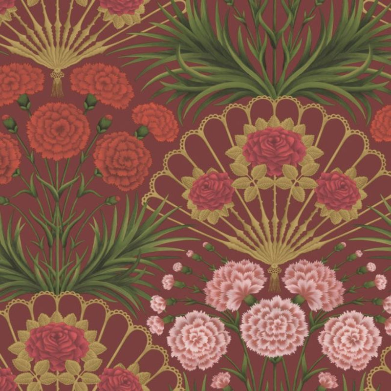 Flamenco Fan Wallpaper - Rose, Bright Rouge & Metallic Gold on Crimson - 117/14046