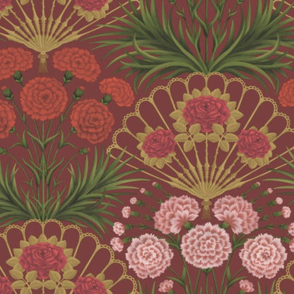 Flamenco Fan Wallpaper - Rose, Bright Rouge & Metallic Gold on Crimson - 117/14046