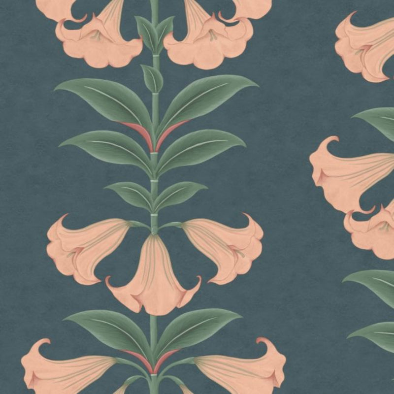 Angels Trumpet Wallpaper - Coral & Viridian on Ink - 117/3009