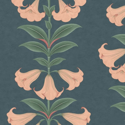 Angels Trumpet Wallpaper - Coral & Viridian on Ink - 117/3009
