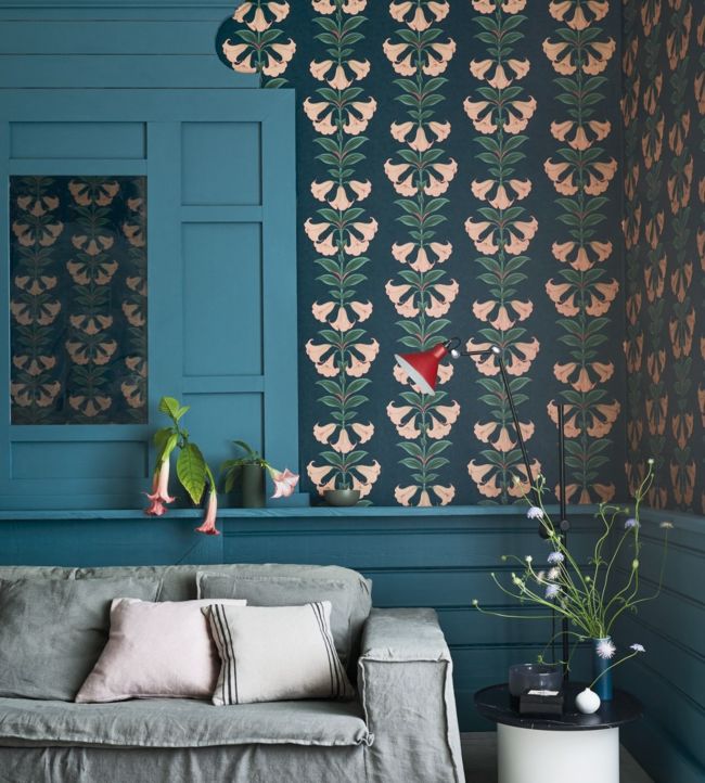 Angels Trumpet Wallpaper - Coral & Viridian on Ink - 117/3009