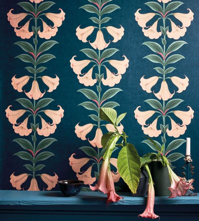 Angels Trumpet Wallpaper - Coral & Viridian on Ink - 117/3009
