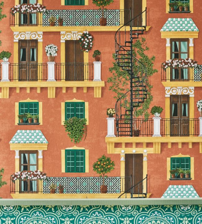 Alfaro Wallpaper - Ochre & Racing Car Green on Terracotta - 117/4011