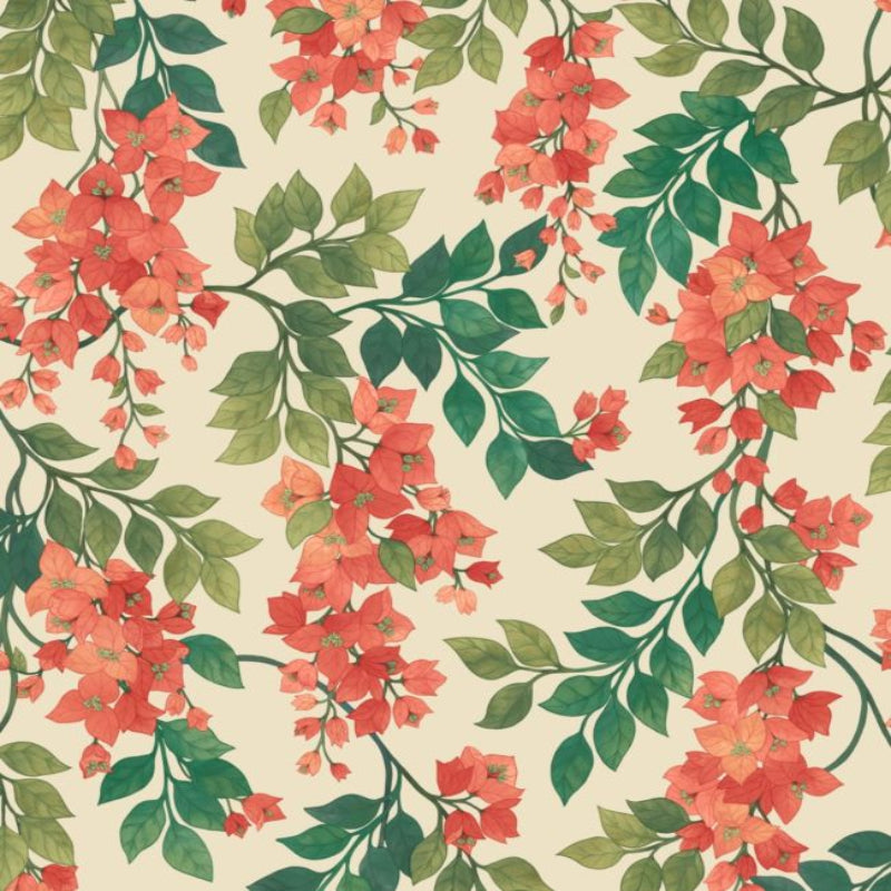 Bougainvillea Wallpaper - Rouge, Olive Green & Emerald on Cream - 117/6016