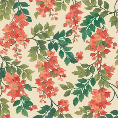 Bougainvillea Wallpaper - Rouge, Olive Green & Emerald on Cream - 117/6016