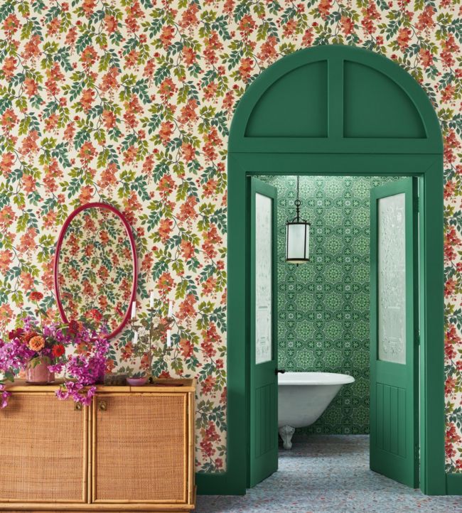 Bougainvillea Wallpaper - Rouge, Olive Green & Emerald on Cream - 117/6016