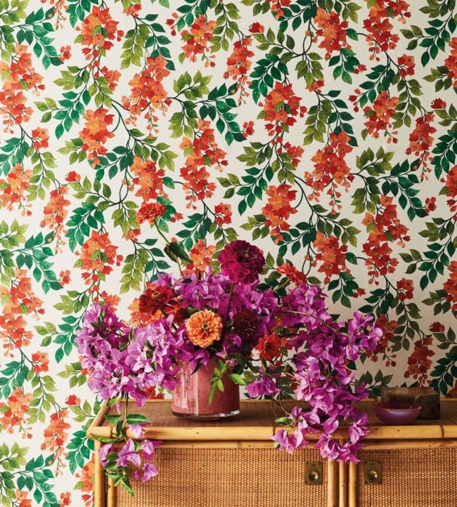 Bougainvillea Wallpaper - Rouge, Olive Green & Emerald on Cream - 117/6016
