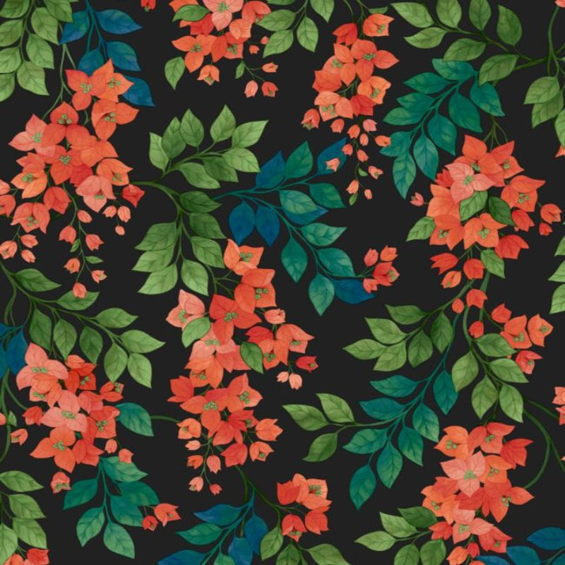 Bougainvillea Wallpaper - Rouge, Leaf Green & Cerulean Sky on Charcoal - 117/6017