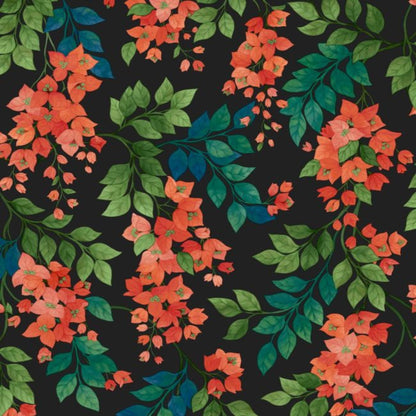 Bougainvillea Wallpaper - Rouge, Leaf Green & Cerulean Sky on Charcoal - 117/6017