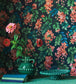 Bougainvillea Wallpaper - Rouge, Leaf Green & Cerulean Sky on Charcoal - 117/6017