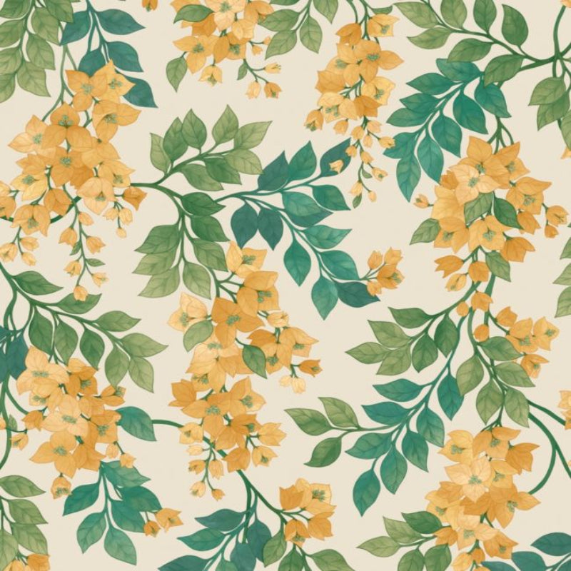 Bougainvillea Wallpaper - Marigold, Leaf Green & Emerald on Parchment - 117/6018