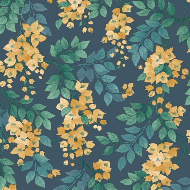 Bougainvillea Wallpaper - Ochre, Viridian & Petrol on Ink - 117/6019