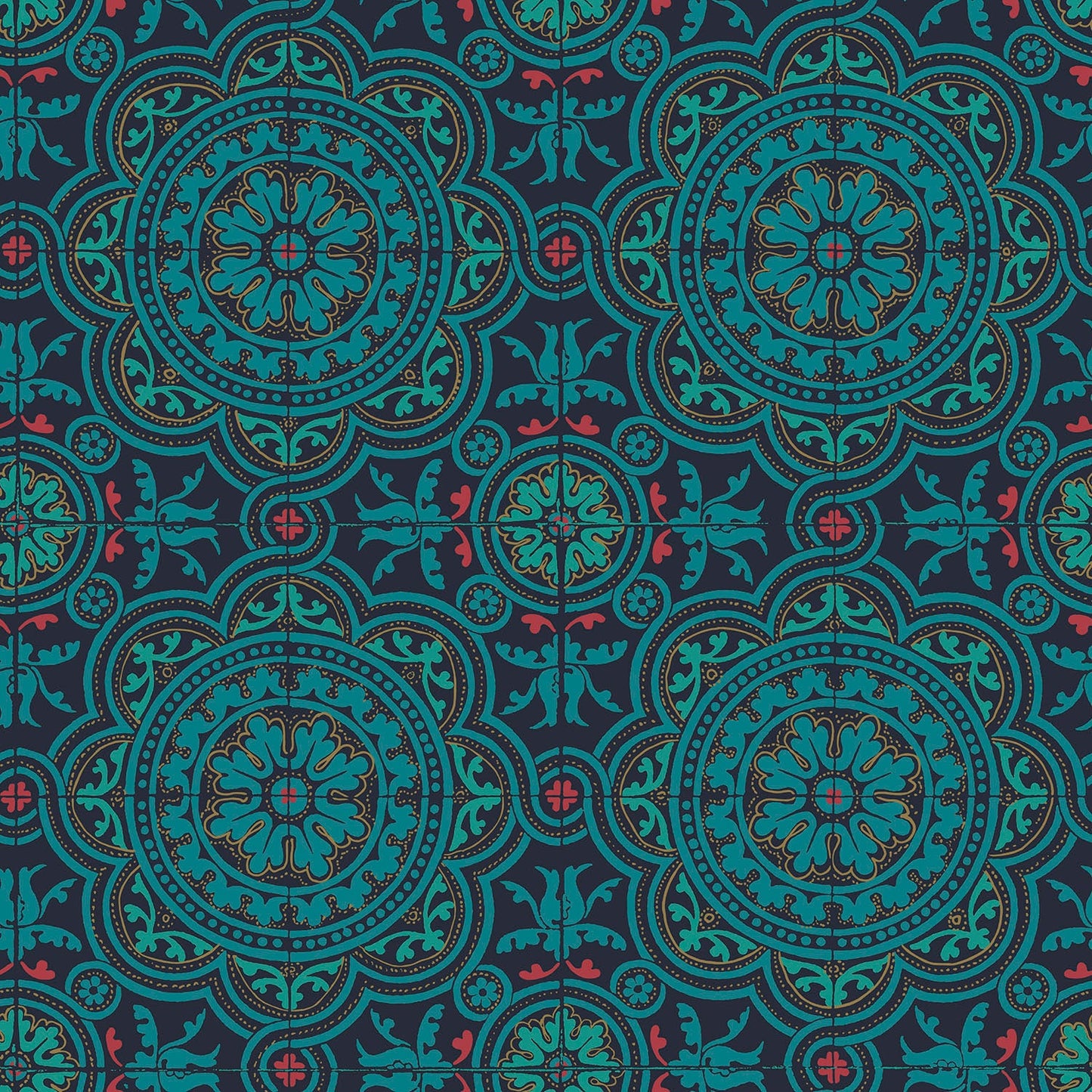 Piccadilly Seville Wallpaper - Petrol, Red & Metallic Gold on Ink - 117/8021
