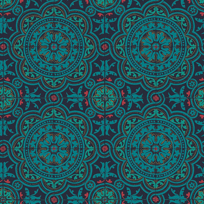 Piccadilly Seville Wallpaper - Petrol, Red & Metallic Gold on Ink - 117/8021