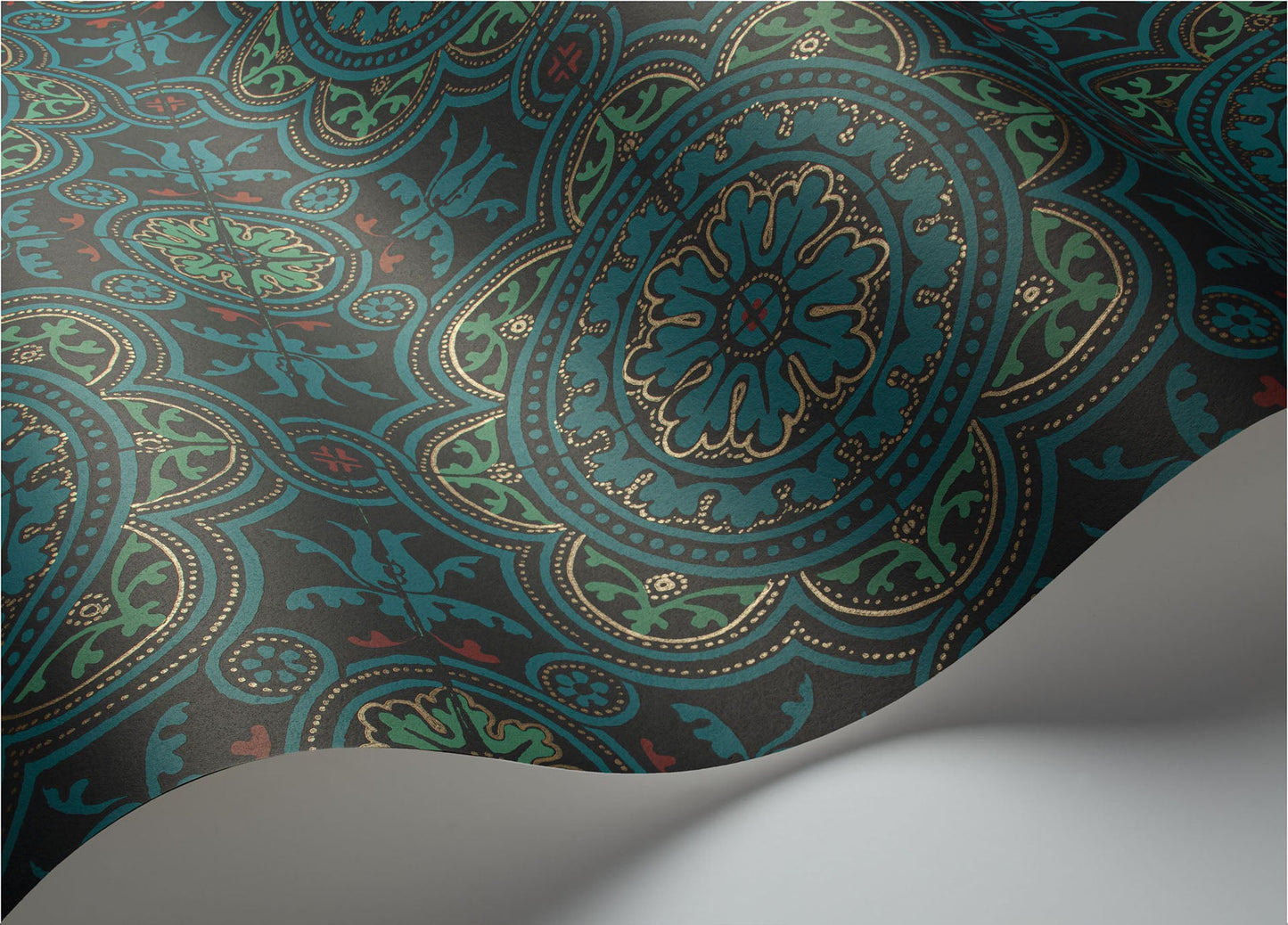 Piccadilly Seville Wallpaper - Petrol, Red & Metallic Gold on Ink - 117/8021