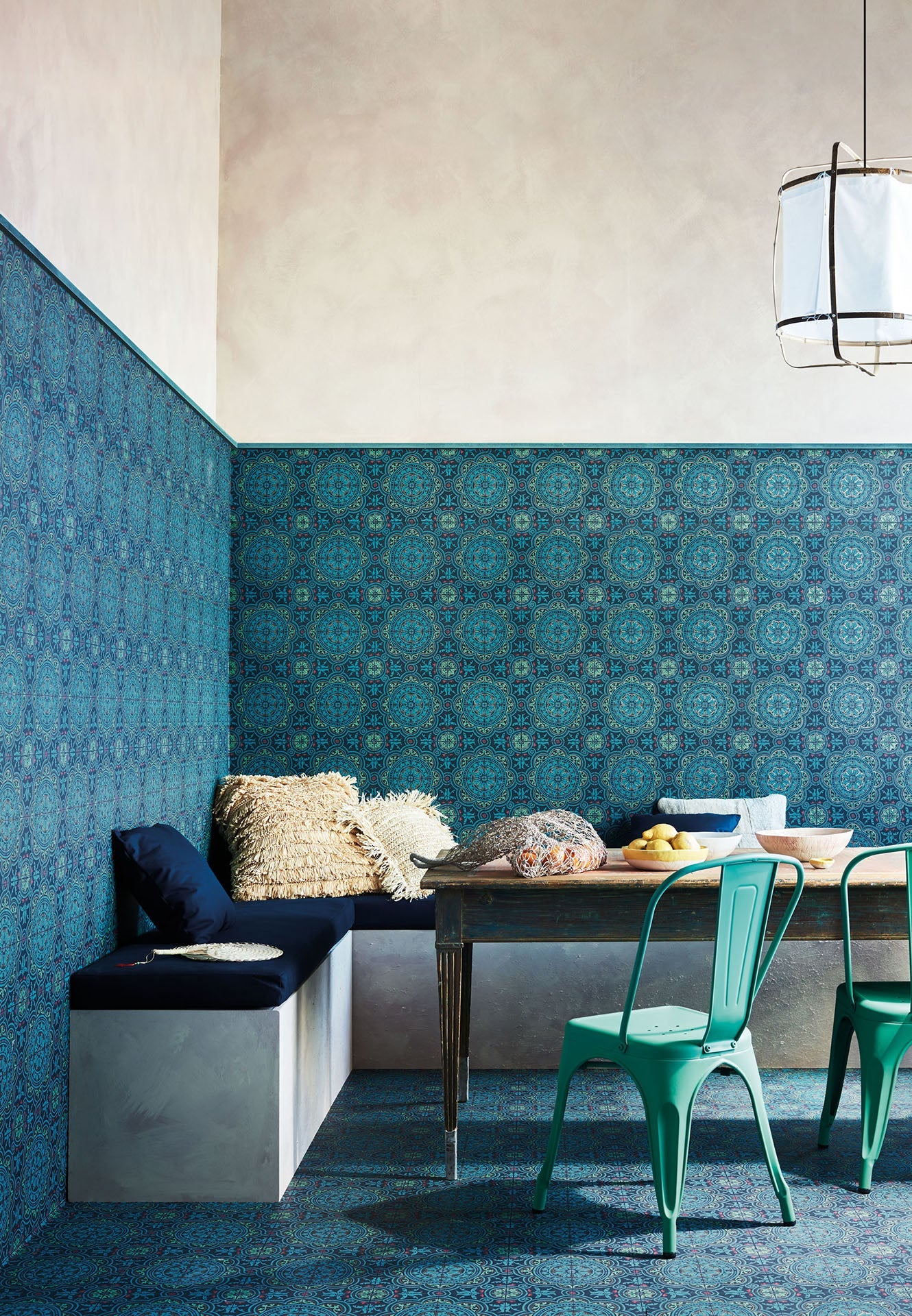 Piccadilly Seville Wallpaper - Petrol, Red & Metallic Gold on Ink - 117/8021