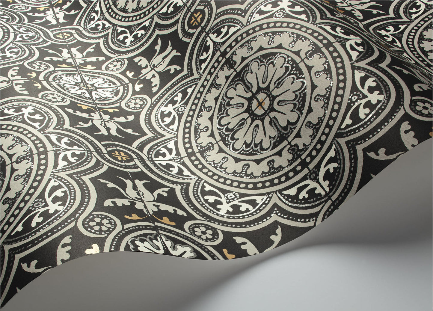 Piccadilly Seville Wallpaper - Grey & Metallic Gold on Black - 117/8022