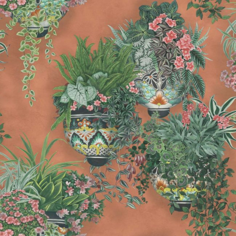 Talavera Wallpaper - Rose & Spring Greens on Terracotta - 117/9025