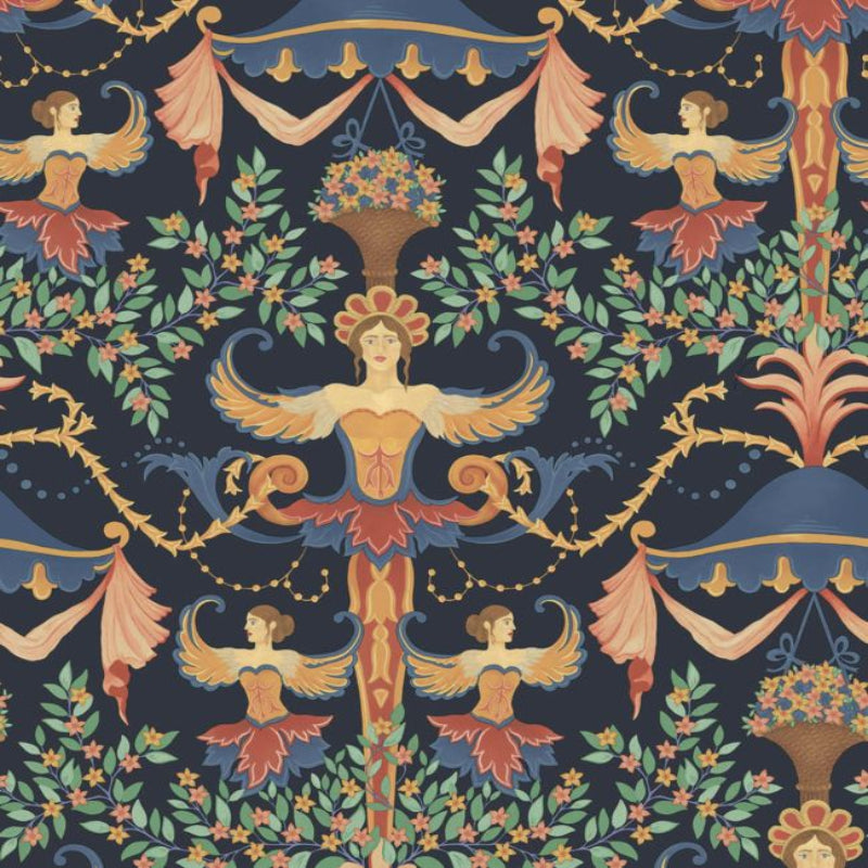 Chamber Angels Wallpaper - Denim, Red & Marigold on Ink - 118/12027