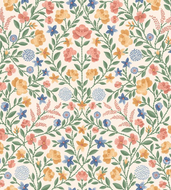 Court Embroidery Wallpaper - Coral, Marigold, Hyacinth on Parchment - 118/13029