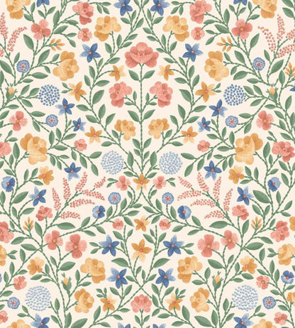 Court Embroidery Wallpaper - Coral, Marigold, Hyacinth on Parchment - 118/13029