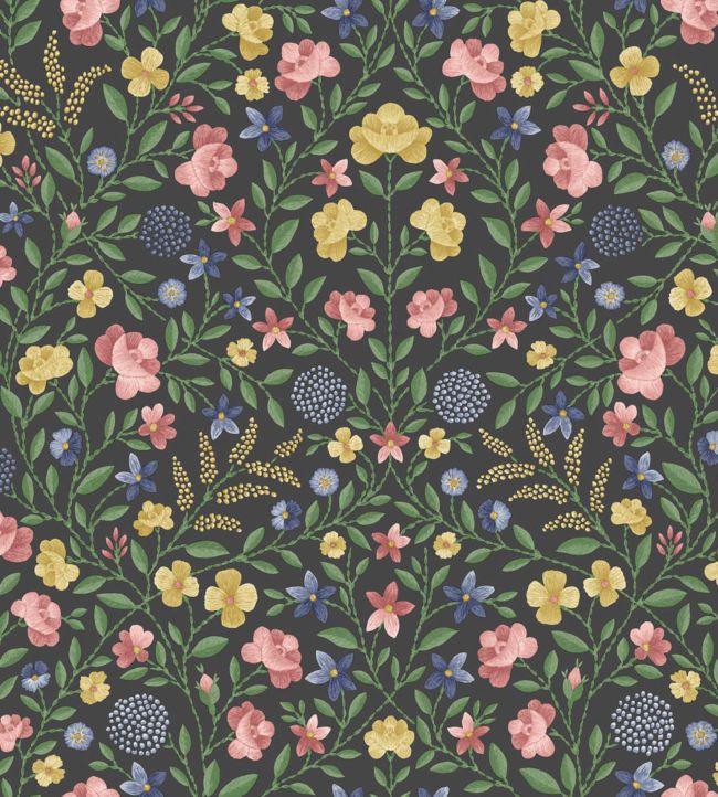 Court Embroidery Wallpaper - Yellow, Rose & Hyacinth Blue on Charcoal - 118/13030