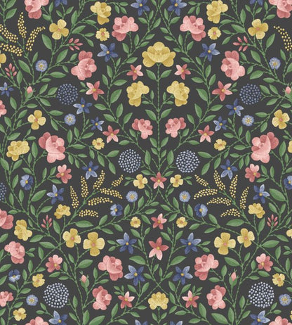 Court Embroidery Wallpaper - Yellow, Rose & Hyacinth Blue on Charcoal - 118/13030