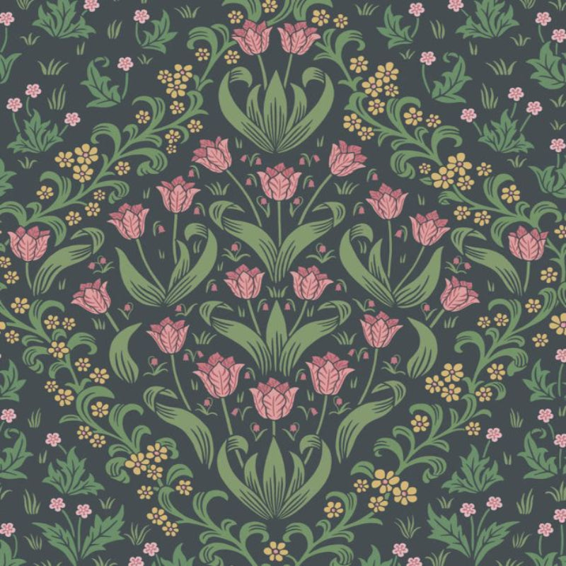 Tudor Garden Wallpaper - Plum & Olive Green on Charcoal - 118/2003