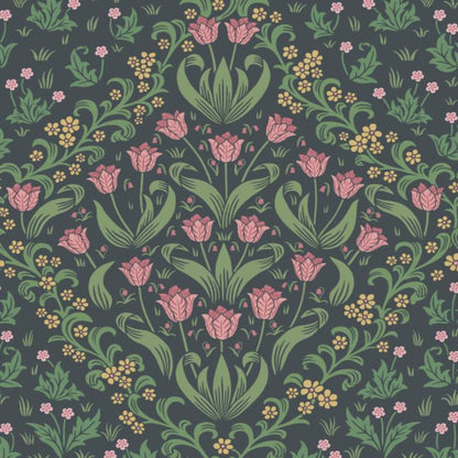 Tudor Garden Wallpaper - Plum & Olive Green on Charcoal - 118/2003