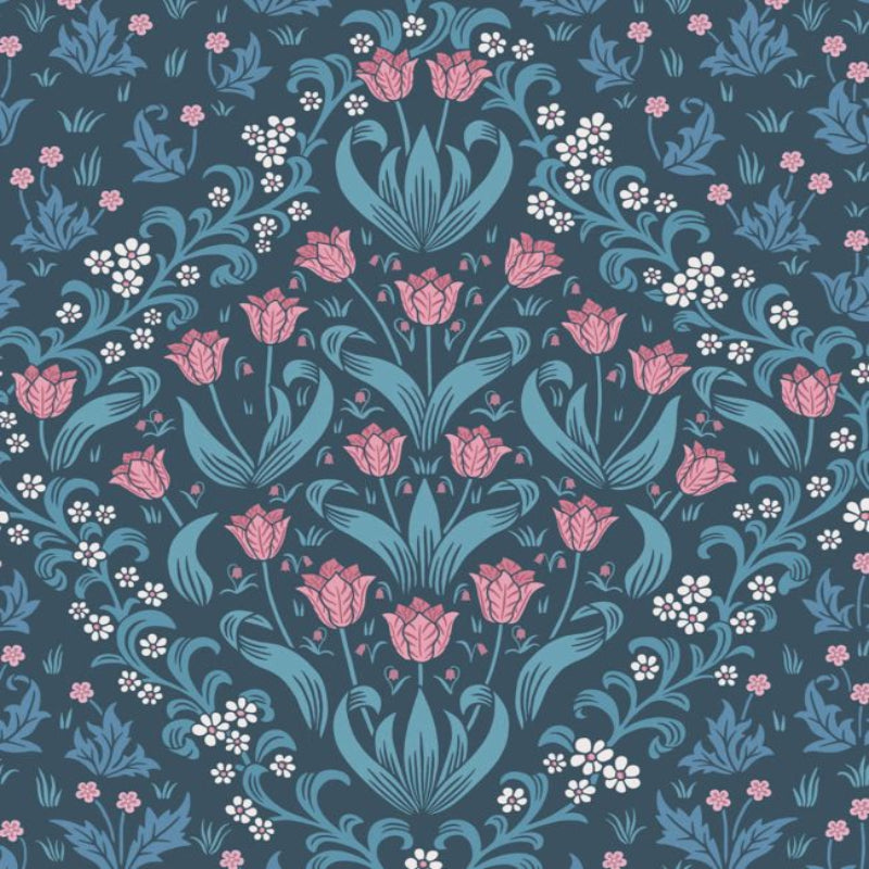 Tudor Garden Wallpaper - Fuchsia & Cerulean Blue on Midnight - 118/2004