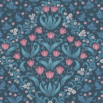 Tudor Garden Wallpaper - Fuchsia & Cerulean Blue on Midnight - 118/2004