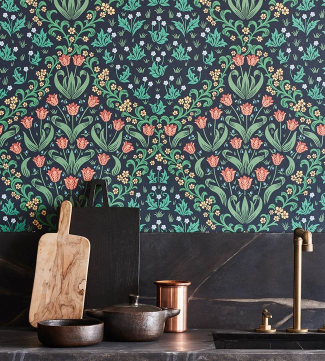 Tudor Garden Wallpaper - Fuchsia & Cerulean Blue on Midnight - 118/2004