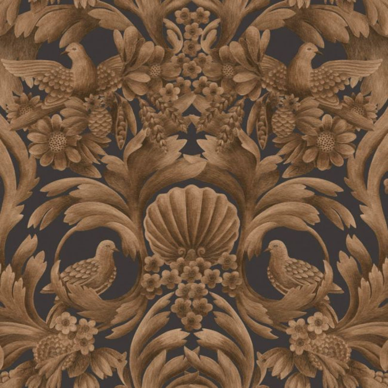 Gibbons Carving Wallpaper - Metallic Bronze on Charcoal - 118/9018