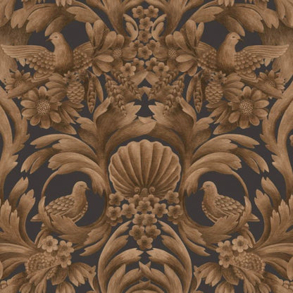Gibbons Carving Wallpaper - Metallic Bronze on Charcoal - 118/9018