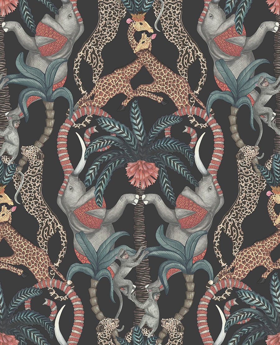 Safari Totem Wallpaper - Ruby & Print Room Blue on Charcoal - 119/2008