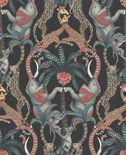 Safari Totem Wallpaper - Ruby & Print Room Blue on Charcoal - 119/2008