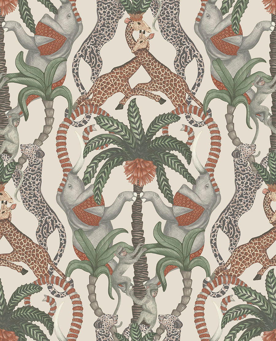 Safari Totem Wallpaper - Terracotta & Forest Green on Stone - 119/2011