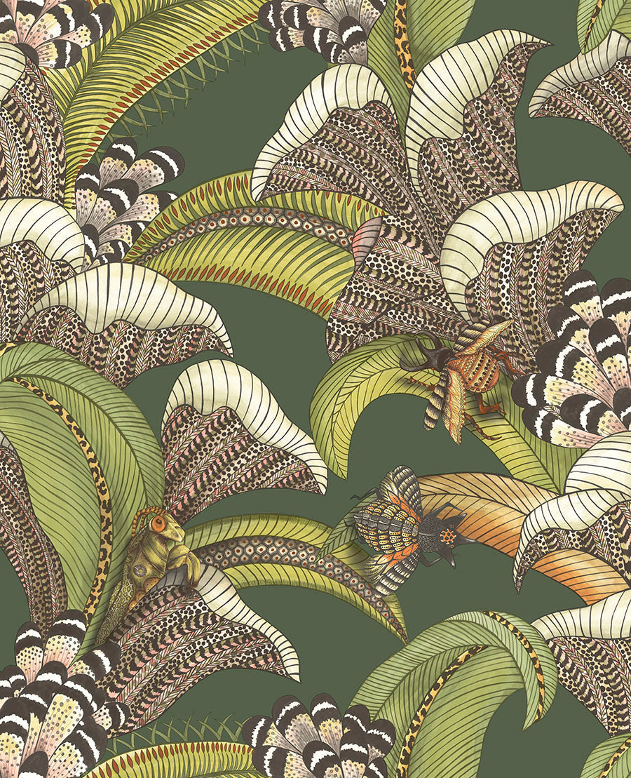 Hoopoe Leaves Wallpaper - Spring Green, Chartreuse & Coral on Forest - 119/1003