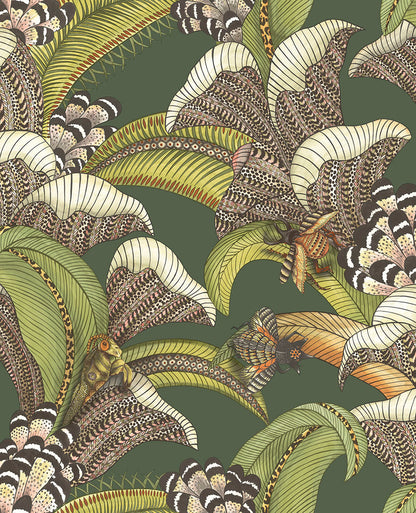 Hoopoe Leaves Wallpaper - Spring Green, Chartreuse & Coral on Forest - 119/1003