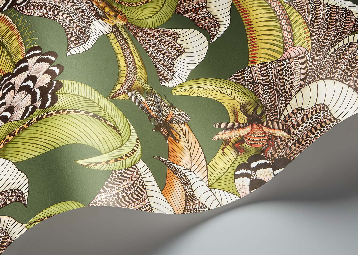 Hoopoe Leaves Wallpaper - Spring Green, Chartreuse & Coral on Forest - 119/1003