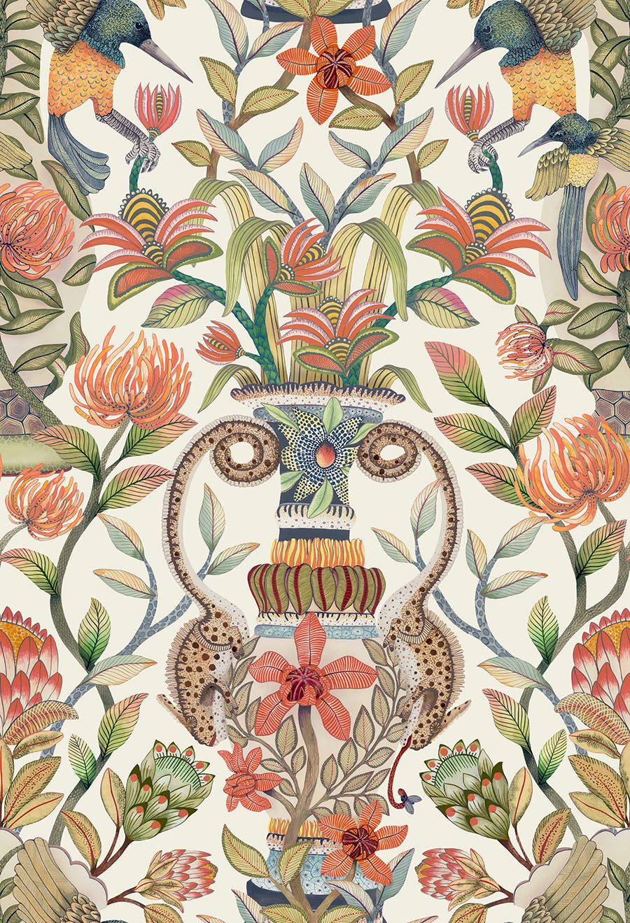 Protea Garden Wallpaper - Olive Green & Tangerine on White - 119/10043