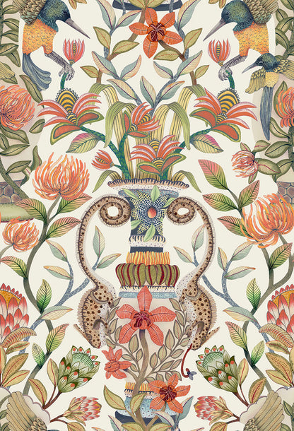 Protea Garden Wallpaper - Olive Green & Tangerine on White - 119/10043