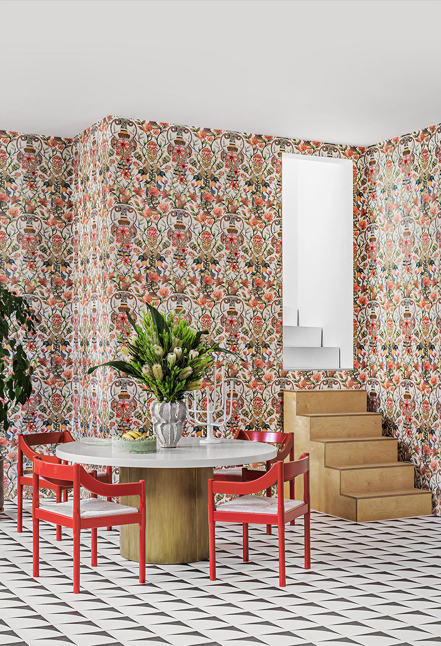 Protea Garden Wallpaper - Olive Green & Tangerine on White - 119/10043