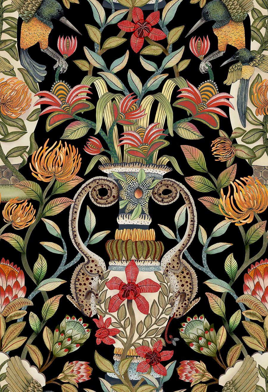 Protea Garden Wallpaper - Olive & Rouge on Black - 119/10044