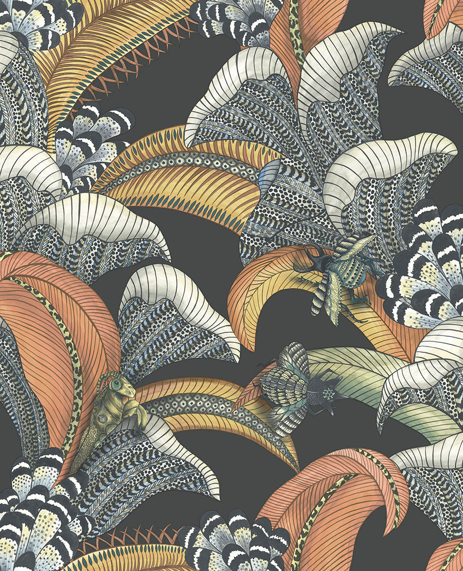 Hoopoe Leaves Wallpaper - Terracotta, Ochre & Ice Blue on Charcoal - 119/1005