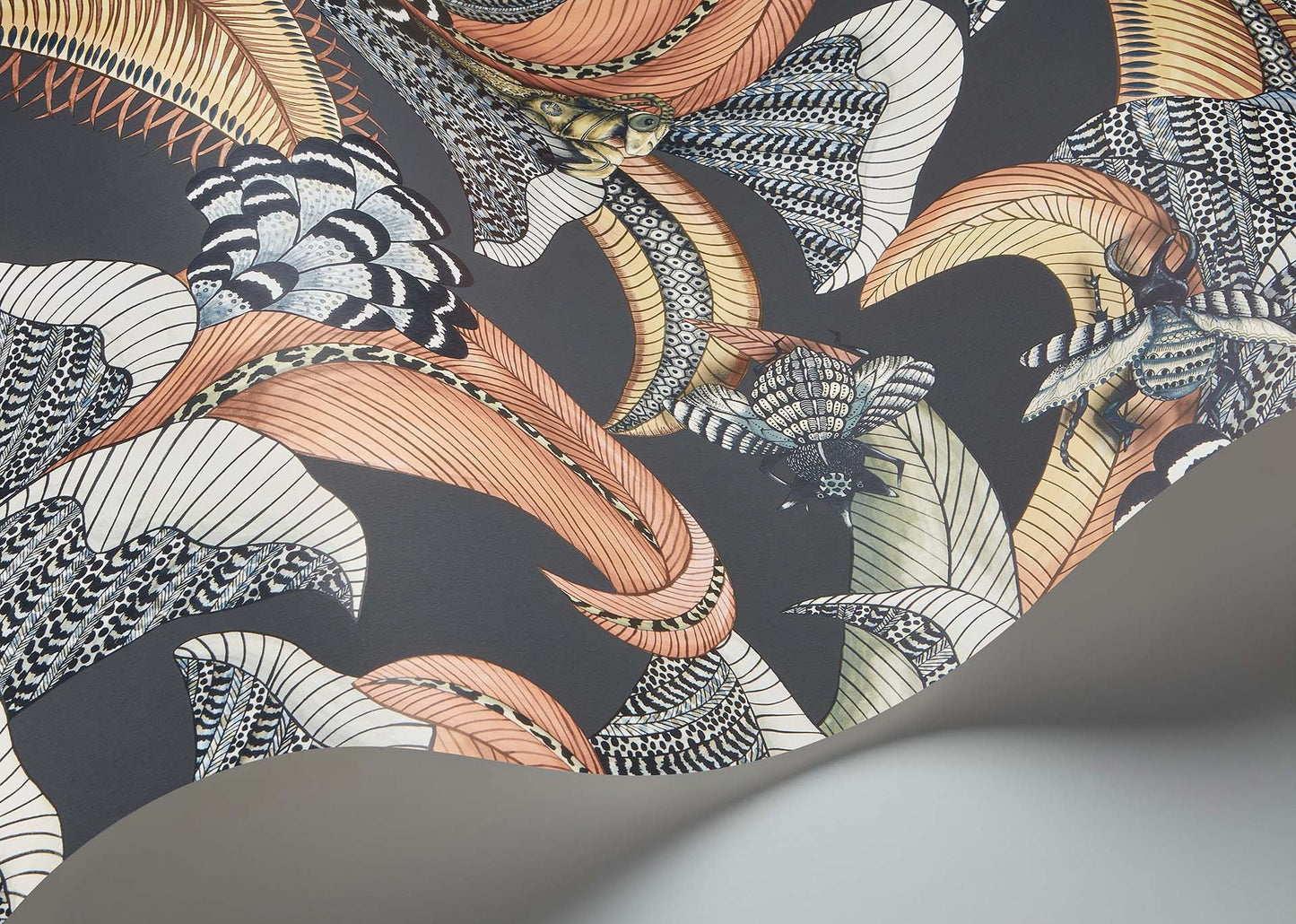 Hoopoe Leaves Wallpaper - Terracotta, Ochre & Ice Blue on Charcoal - 119/1005